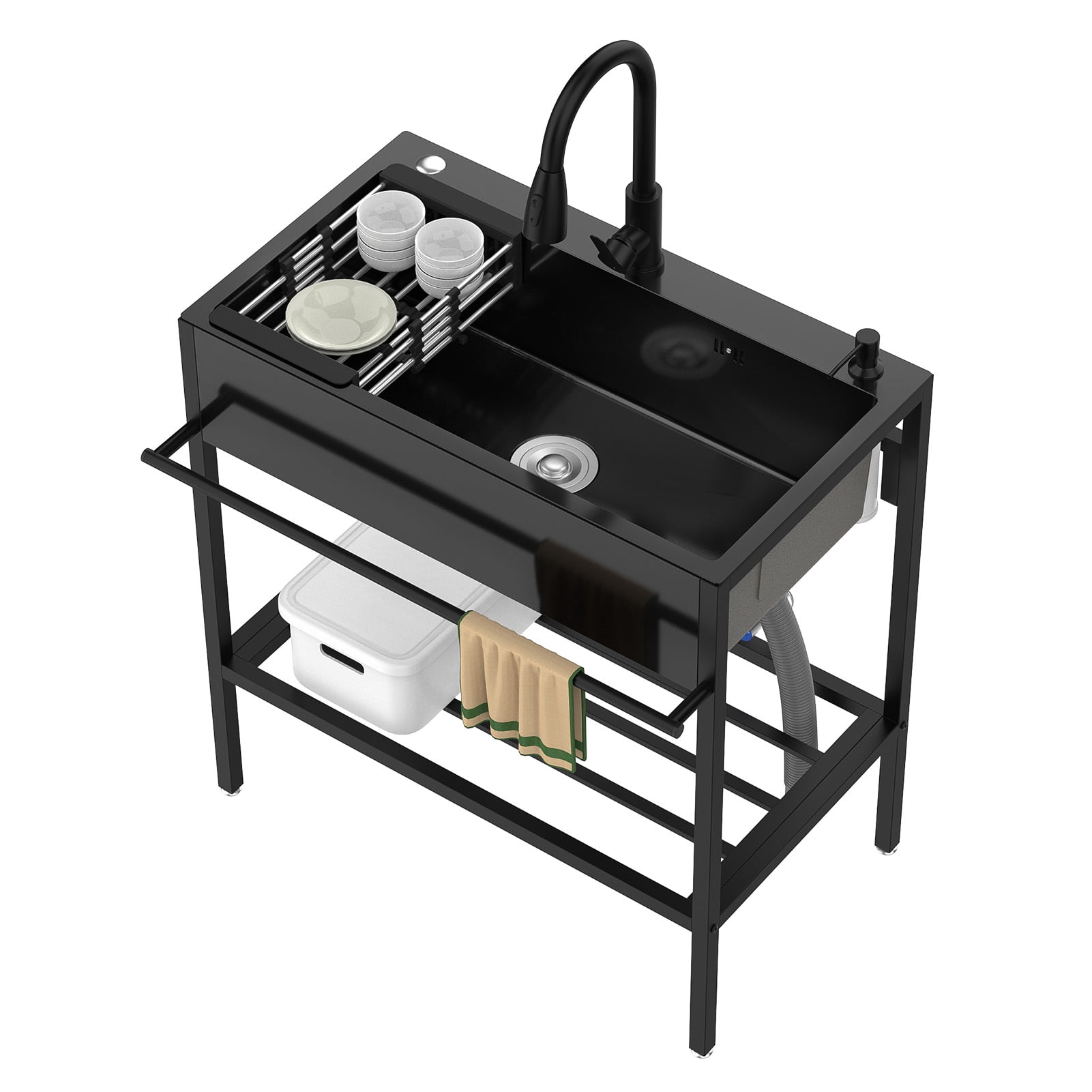 Stainless Steel Utility Sink, Single Bowl Kitchen Sink with Cold and Hot Water Faucet, Storage Shelf, Hoses and Drain Kit, Free Standing Sink Cabinet for Laundry Room Kitchen Garage Outdoor