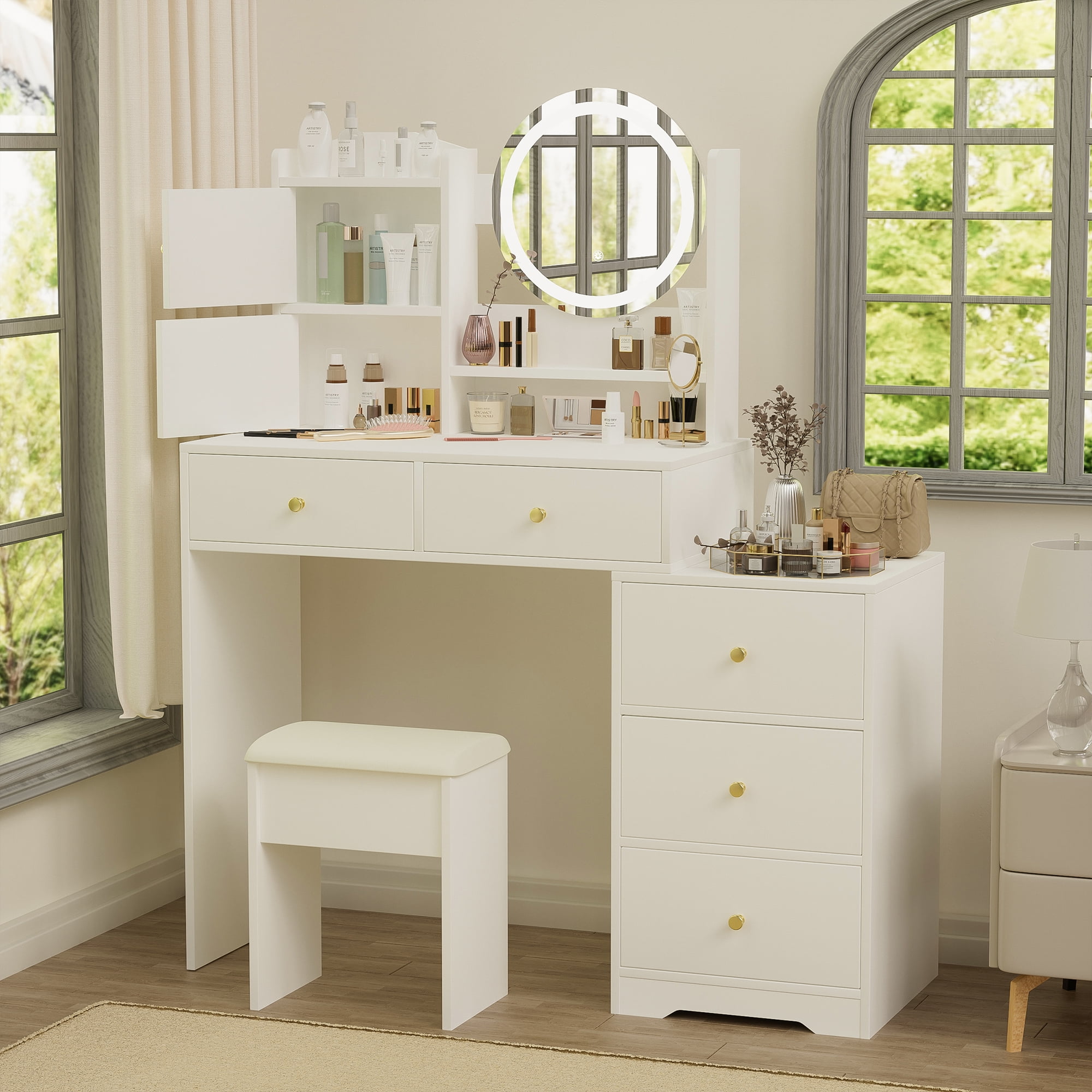 Makeup Vanity Desk with Mirror and Lights Dressing Table with 5 Drawers Bedroom Storage Cabinet