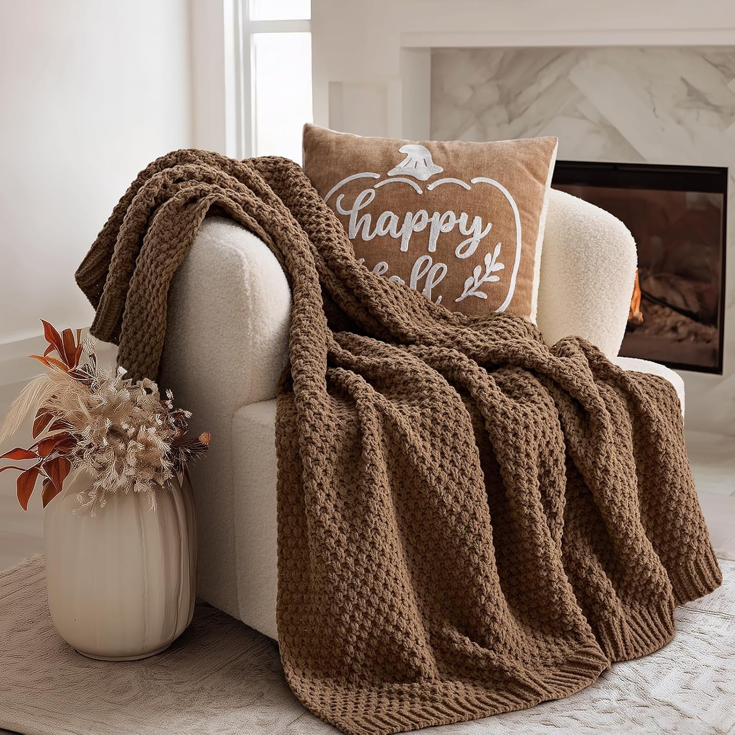 EVERGRACE Chunky Chenille Knit Throw Blanket for Couch, Soft Luxurious Moss Stitch Blankets for Bed, Cozy Decorative Farmhouse Knitted Throws for Sofa, Camel Brown, 60" x 80"