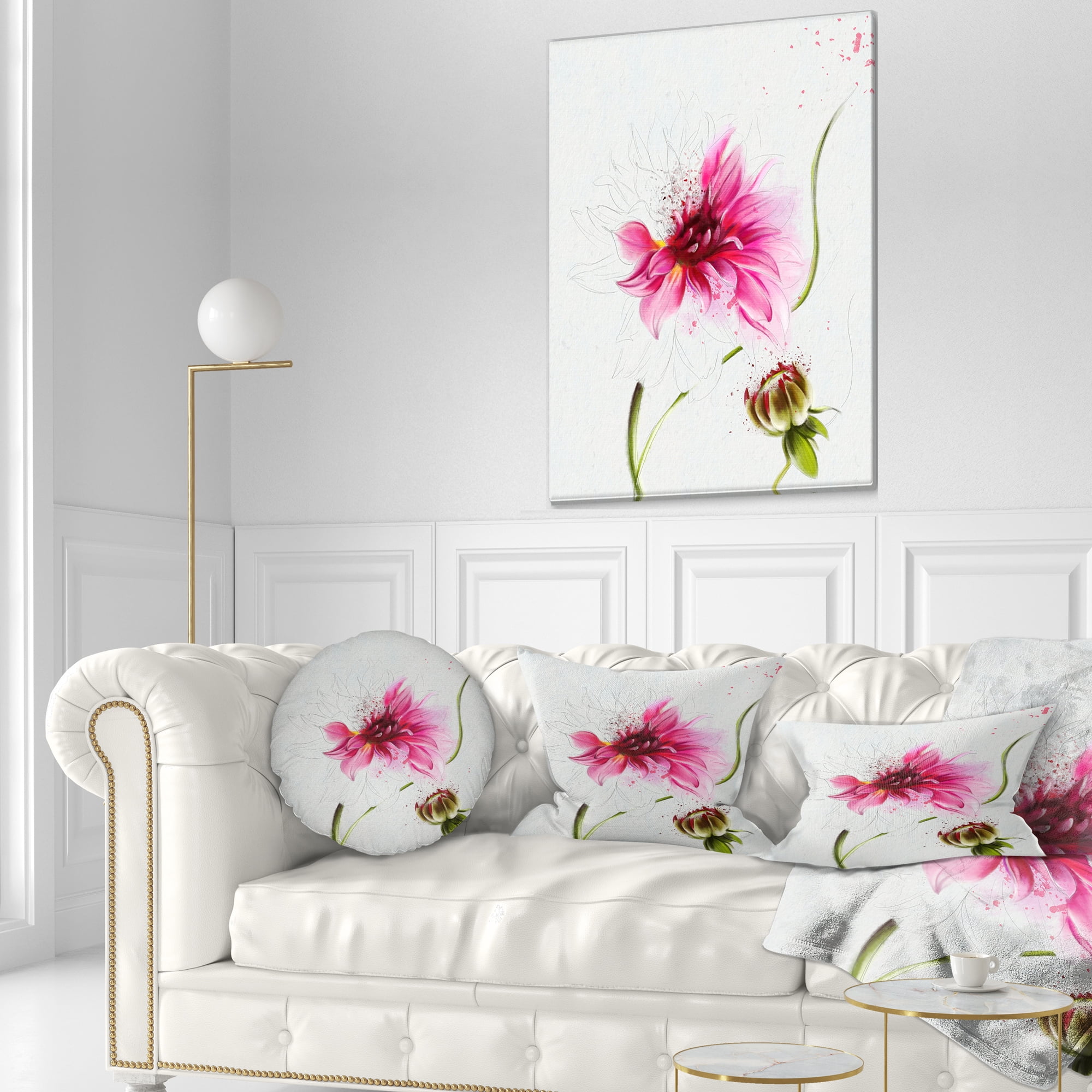 Designart Pink Flower with Stem and Bud - Floral Throw Pillow - 12x20