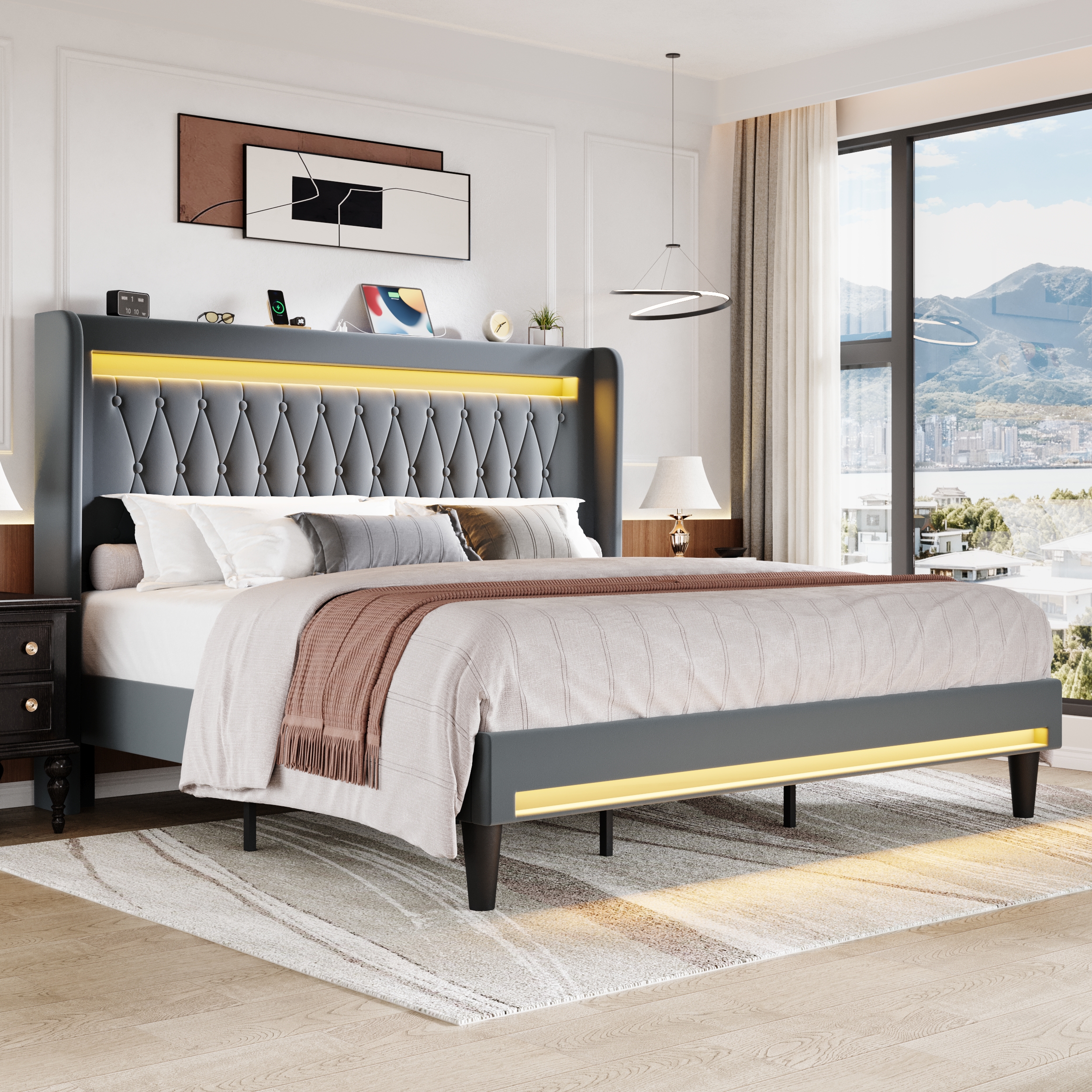 Amolife King Size LED Bed Frame, Upholstered Velvet Platfrom Bed with Charging Station, High Wingback Headboard & 2 Lights, No Box Spring Needed, 1000 LBS Capacity, Gray