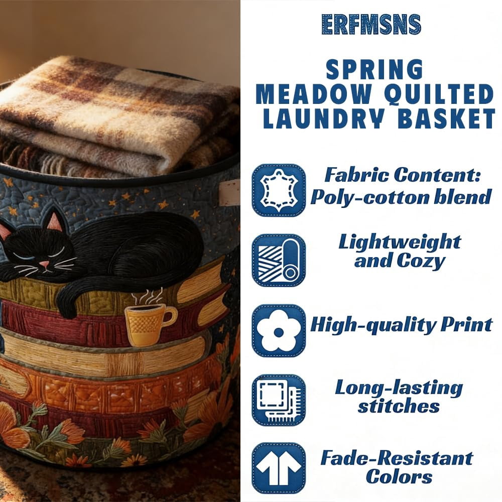 Cat Quilted Laundry Basket - 18"/22"/28", 2026 Large Quilted Cat Laundry Basket with Handles, Cozy Cat Fabric Storage Hamper for Nursery, Bedroom, Laundry Room, Clothes & Toys (1, S 14"X18")