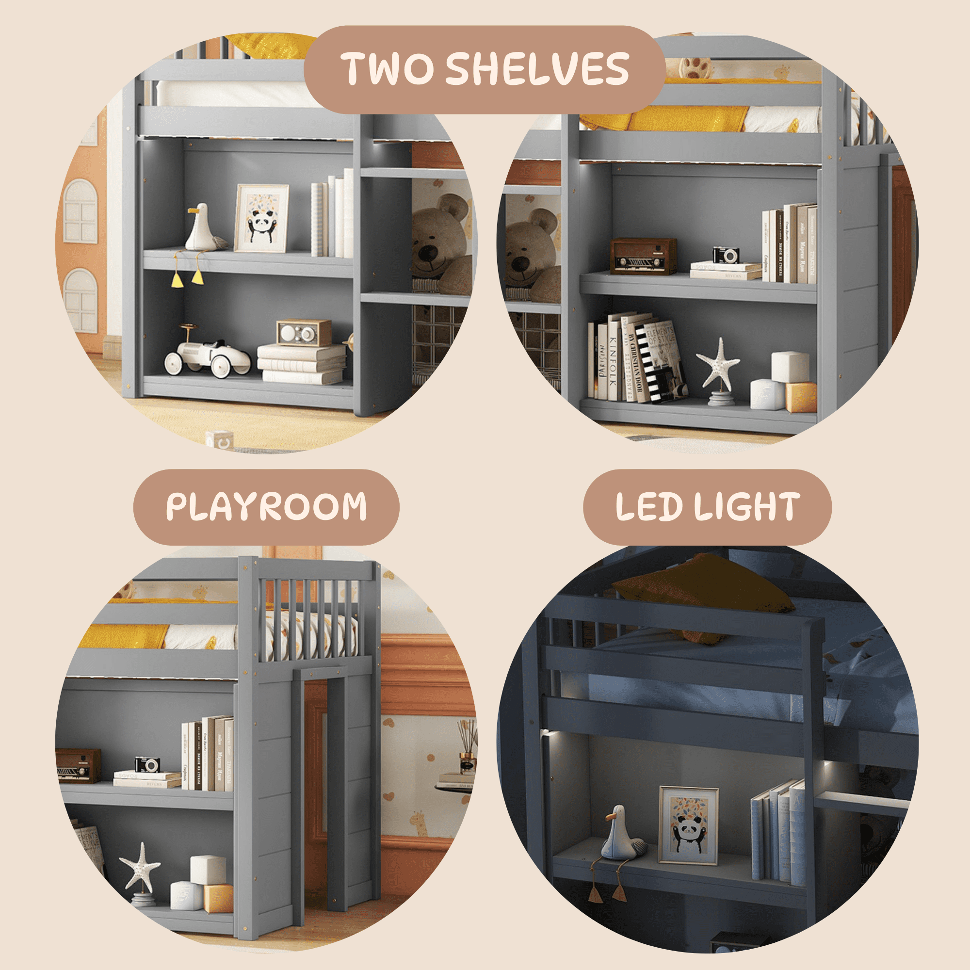 Twin Size Low Loft Bed with Two-Tier Shelves, Wooden House Loft Bed with Storage for Books & Toys, Space Saving for All Ages, Multi-Functional, Grey