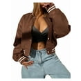 thumbnail image 2 of Women Mock Neck Long Sleeve Button Cropped Leather Jacket Casual Biker Moto Jacket Fall Outerwear Dark Brown XXL, 2 of 5