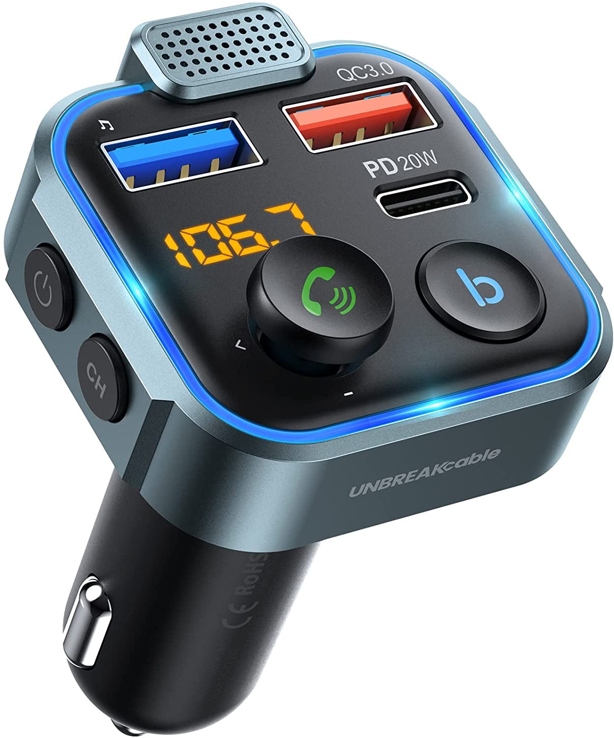UNBREAKcable Bluetooth 5.0 FM Transmitter for [PD 20W + QC 3.0] [Stronger Microphone & HiFi Bass Sound] Cigarette Lighter Radio Music Adapter Charger, Supports Siri Google Assistant - Walmart.com