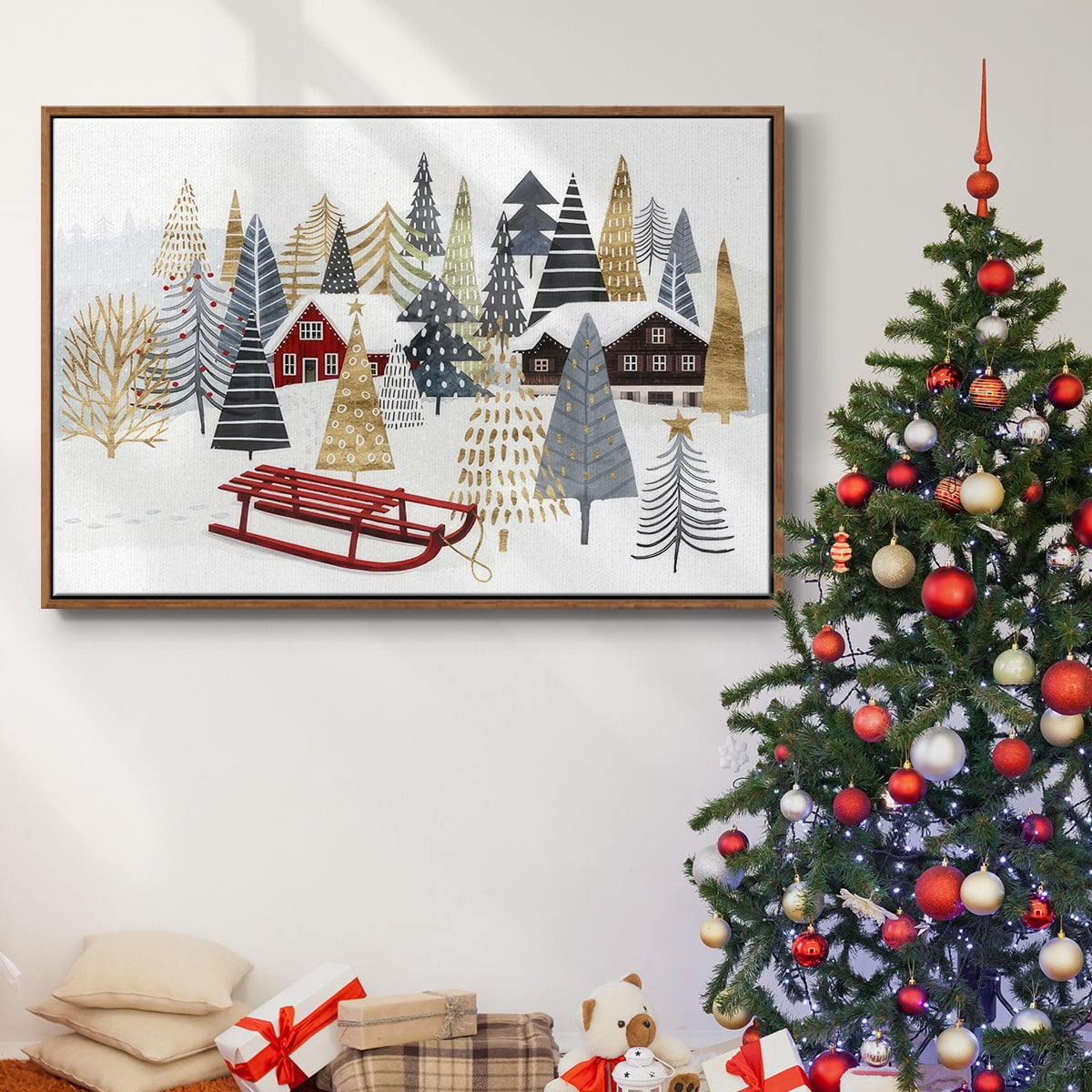 Christmas Chalet Collection A - Framed Gallery Wrapped Holiday Canvas - 17 x 25 - Rosewood Frame