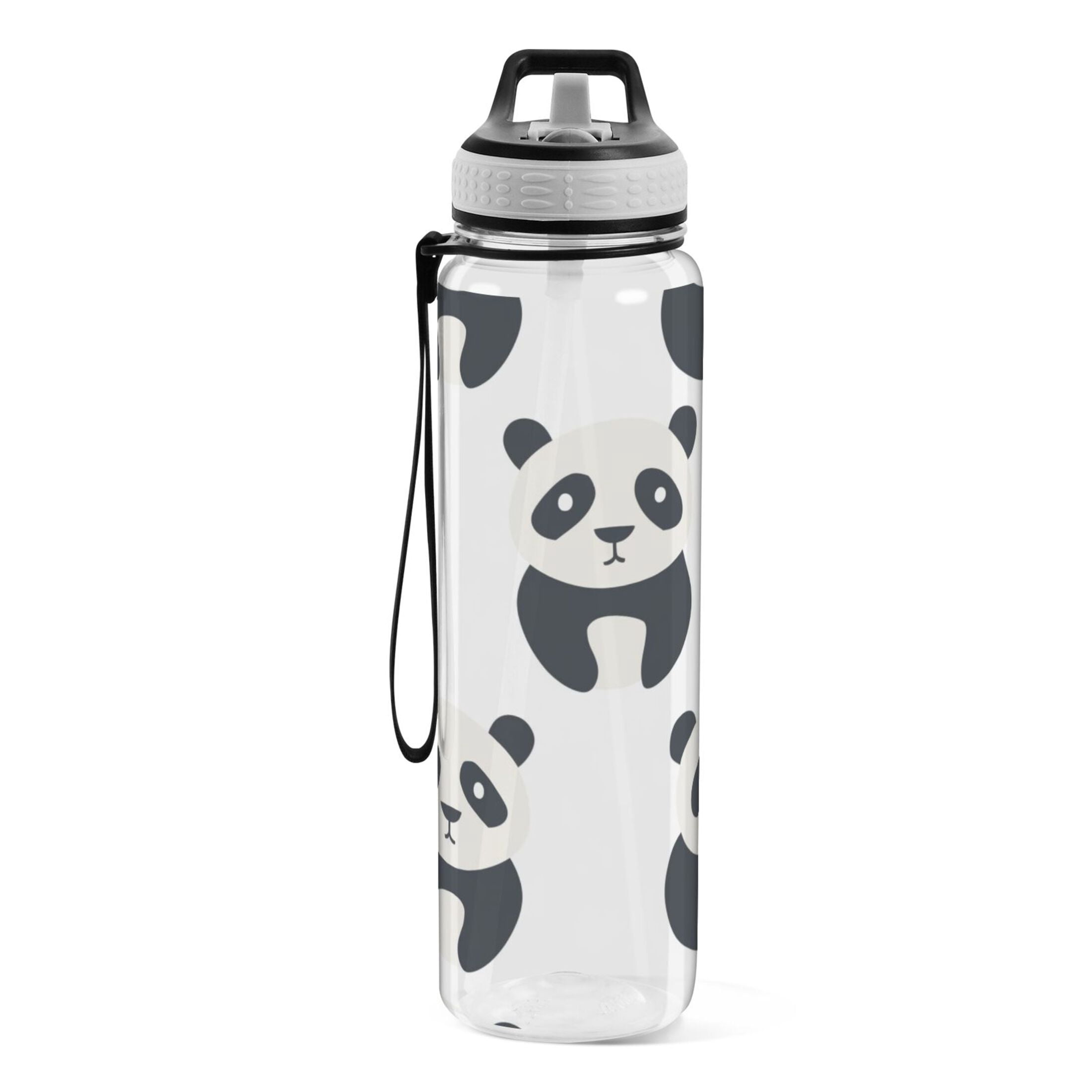 32 Oz Sports Water Bottle with Straws Pandas Silhouette Tritan Clear Bottles BPA Free Leakproof Cup for Outdoor School Gym Fitness