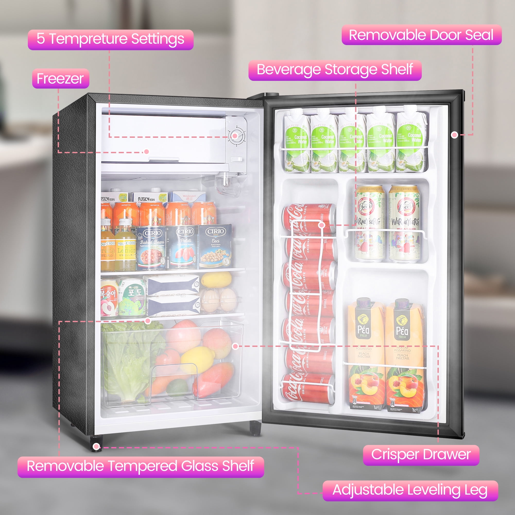 WANAI 3.2 Cu ft Single Door Mini Fridge, Black