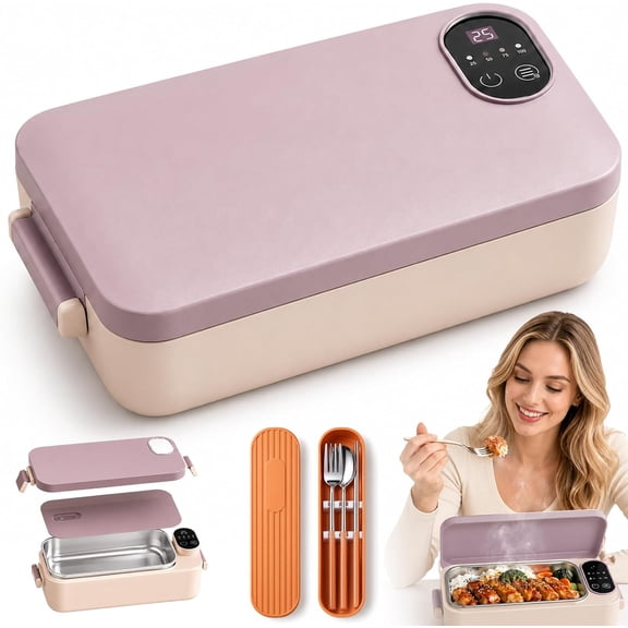 Portable Electric Lunch Box with Self-Heating, 304 SS (Pink, Plug-in) | Rechargeable Cordless Lunch Box with Smart Timer, Temperature Display and Leakproof Lid for Work, Travel and Camping