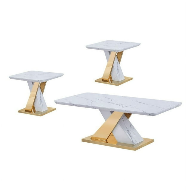 3pc White Faux Marble Coffee Table Set with Gold Stainless Steel