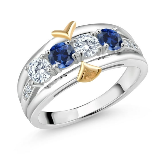 Gem Stone King 925 Sterling Silver and 10K Yellow Gold White Moissanite Created Sapphire and White Lab Grown Diamond Women Band Ring (1.01 Cttw, Size 8)