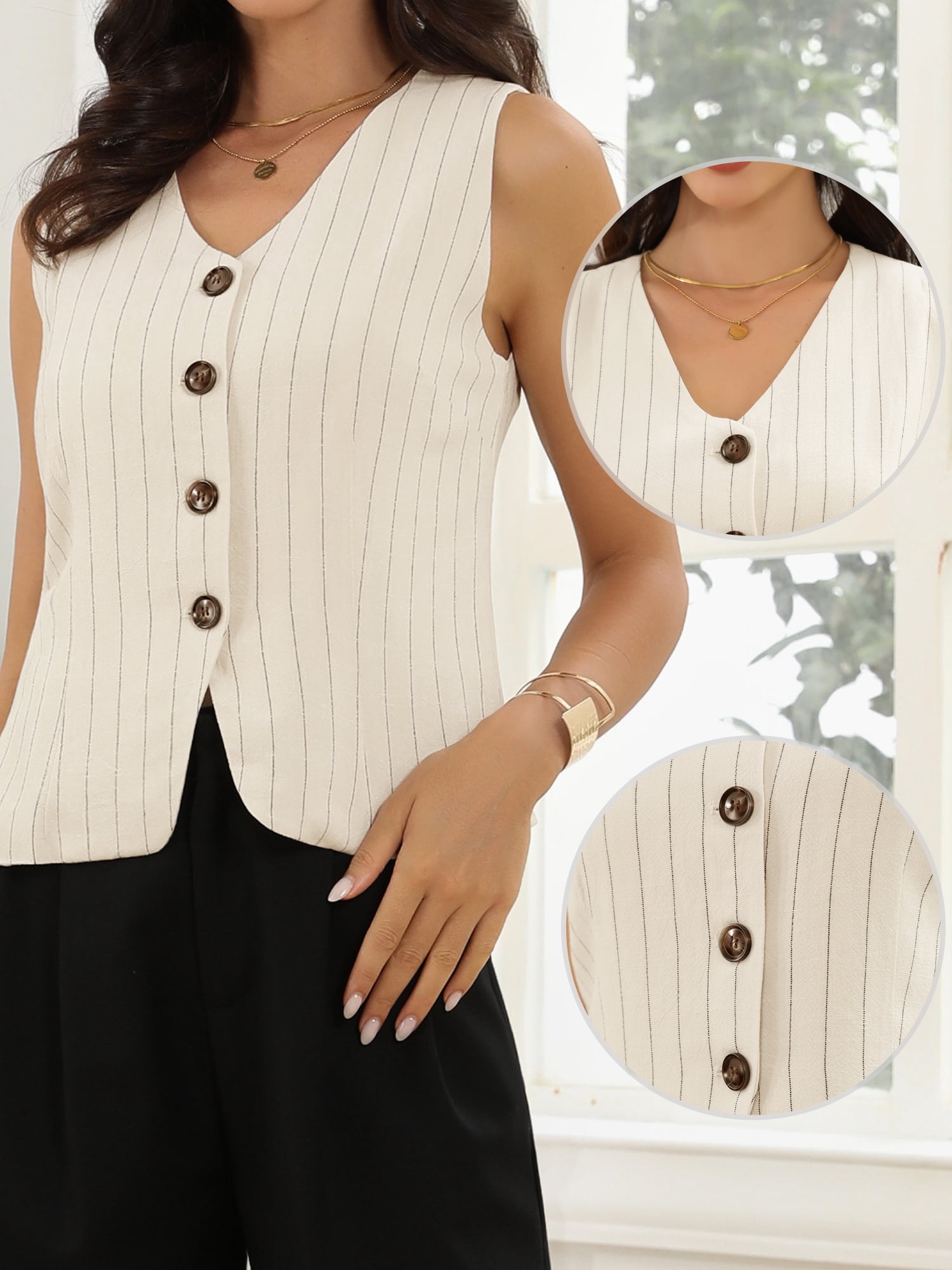 DARING DIVA Women's Elegant Stylish Sleeveless V Neck Striped Waistcoat XL Beige