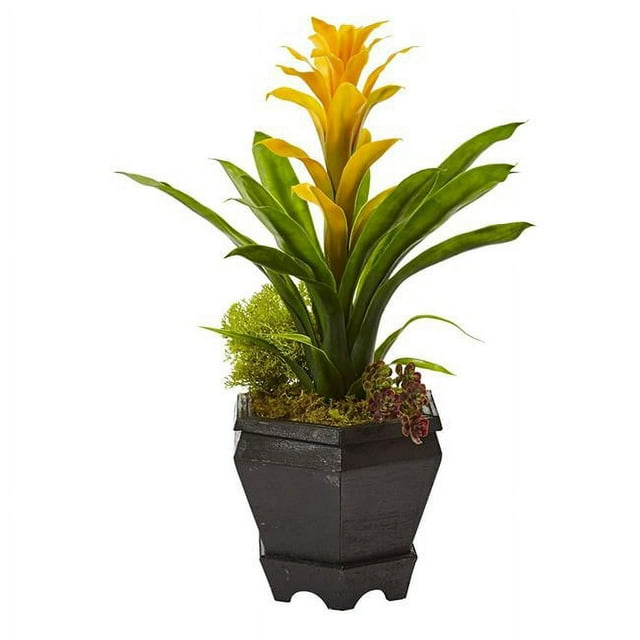 Nearly Natural 6927-YL Bromeliad In Black Hexagon Planter, Yellow