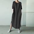 thumbnail image 2 of MSJUHEG Long Sleeve Dress Black Dress Fashion Women Solid Color Cotton And Linen Long Sleeve O-Neck Fold Casual Dress Fall Dress Black 5Xl, 2 of 9