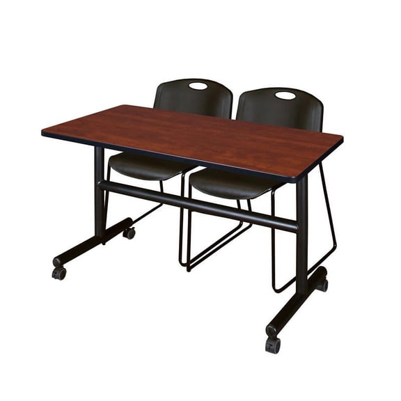 48" x 30" Flip Top Mobile Training Table- Cherry and 2 Zeng Stack Chairs- Black