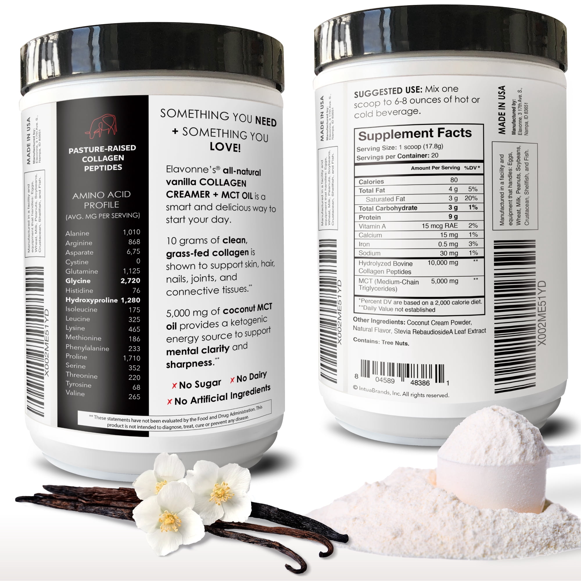 Collagen Creamer + MCT Oil for Coffee - Vanilla - Grass Fed Non Dairy Protein Peptides - Keto/Paleo - No Sugar - Supports Skin, Beauty, Joints, Gut, Hair, Nails - Elavonne