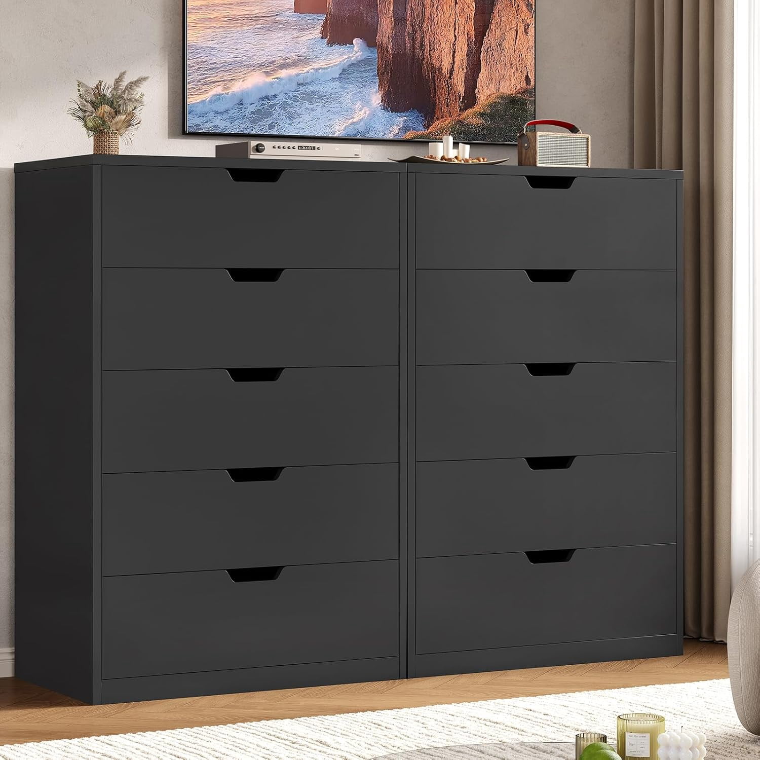 Afuhokles Tall 5 Drawer Dresser, Modern Chest of Drawers for Bedroom, Black