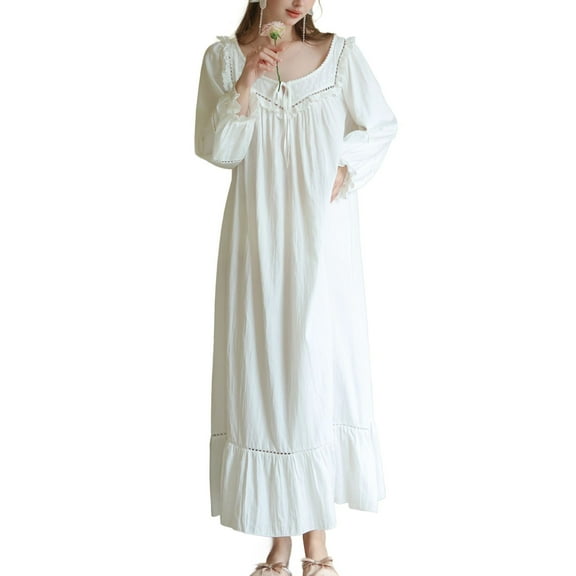 SWSMCLT Women's Soft Thin Victorian Vintage Nightgown Old Fashioned See Through Sleep Shirt Comfy Bow Oversized Loose Cut Out White Small