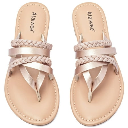 Ataiwee Women s Flat Slide Sandals  Fashion Strappy Braided Slip On Flat Summer Shoes.