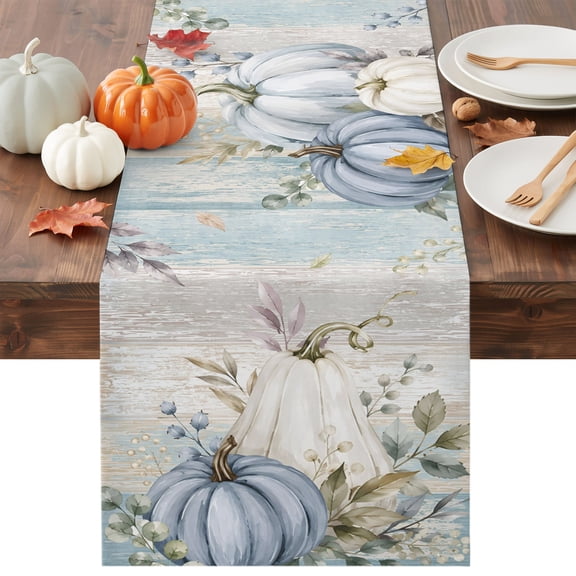Blue Fall Pumpkin Table Runner - 36 Inch Long Autumn Maple Leaf Retro Thanksgiving Cotton and Linen Blended Dress Scarves Farmhouse Table Runner for Kitchen Dining, Coffee Table, 13" x 36"