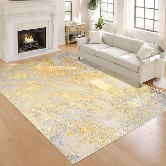 Alfombra ULTSOFE dorada, lavable, 170 x 240 cm, abstracta y moderna