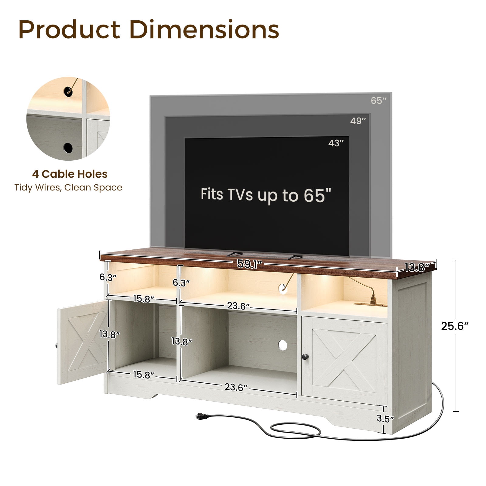 Farmhouse LED TV Stand for 65 Inch TV, Entertainment Center with Power Outlet, Media Console with Storage Cabinets and Shelves, White