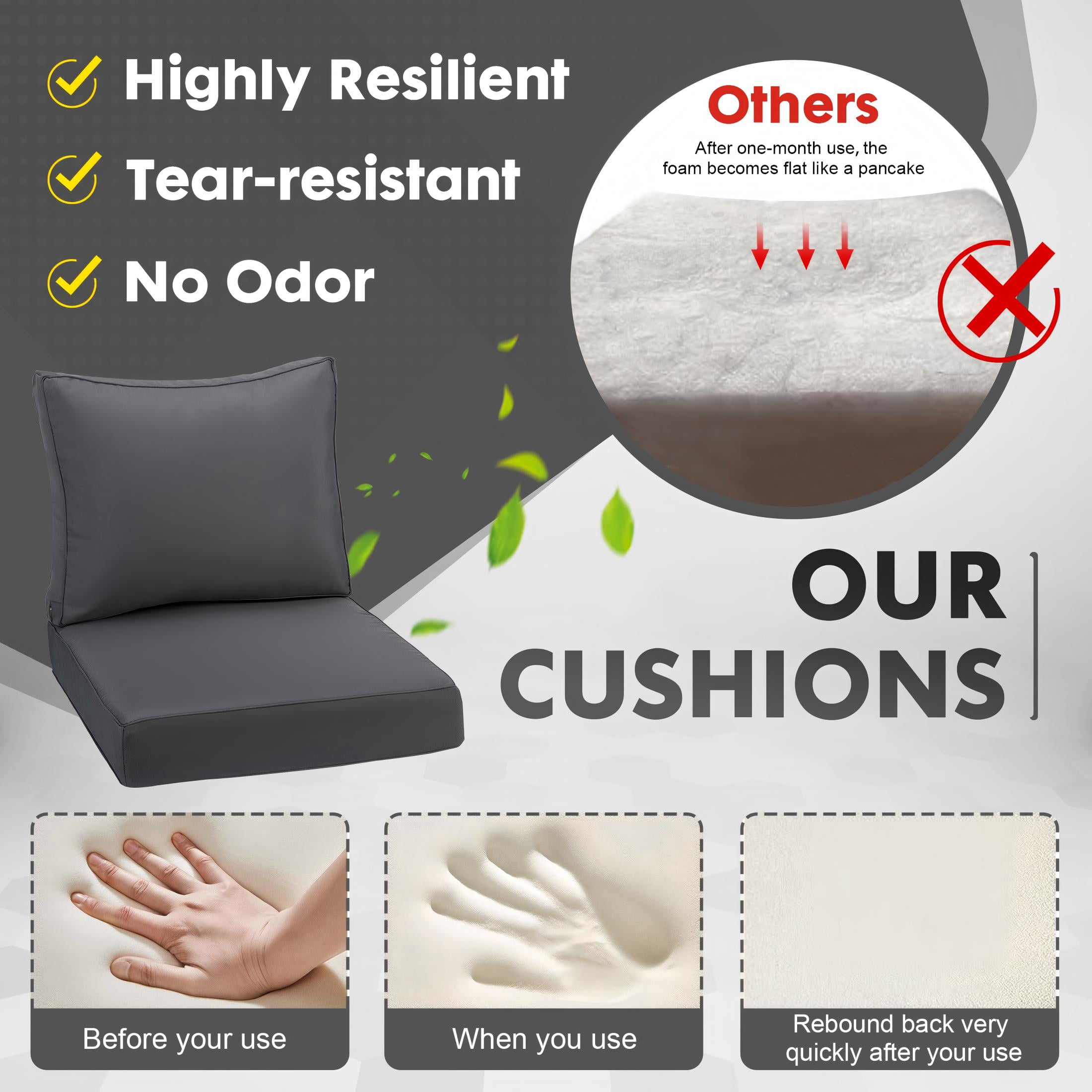 Naturoasis Outdoor Seat Cushion Set 24 x 24×4.7 Inch, Waterproof & Fade Resistant Seat and Back Cushion with Removable Cover,Thick Deep Seating Pads for Outside Chair Sofa Couch,Dark Grey