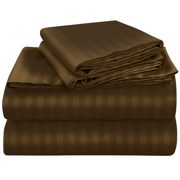 ROYALE LINENS Striped Bed Sheet Set - Brushed Microfiber 1800 Bedding - 1 Fitted Sheet 1 Flat Sheet 2 Pillow case - 4 Piece Damask Stripe Bed Sheet Set (Stripe Chocolate California King)