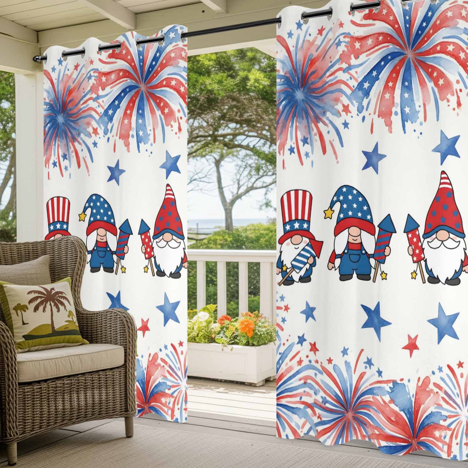 Independence Day Outdoor Curtains for Patio, American Flag Gnome Red Blue Fireworks Country Sunshade Privacy Drapes Grommet Waterproof Outside Curtains for Porch/Cabana/Balcony 54"x 108", 1 Panel