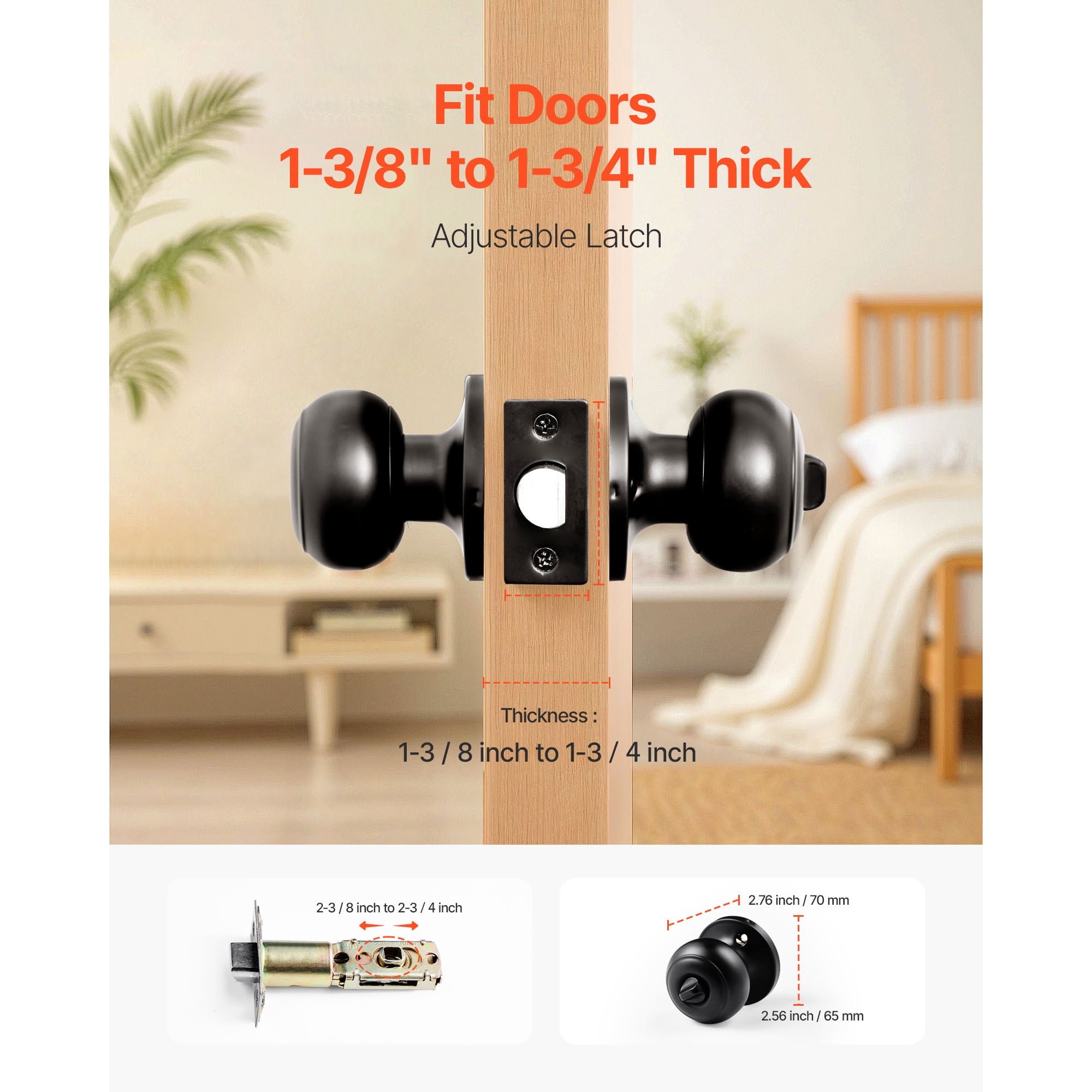 KFFKFF 6 Pack Black Door Knobs, Privacy Door Handles with Round Ball Design, Keyless Exterior and Thumb Turn Interior Lock, Durable Metal Construction, Matte Black Finish for Bedrooms and Bathrooms