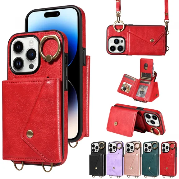 For iPhone 15 phone case, cross shaped wallet case with card clip, shock-absorbing flip phone case with long shoulder strap