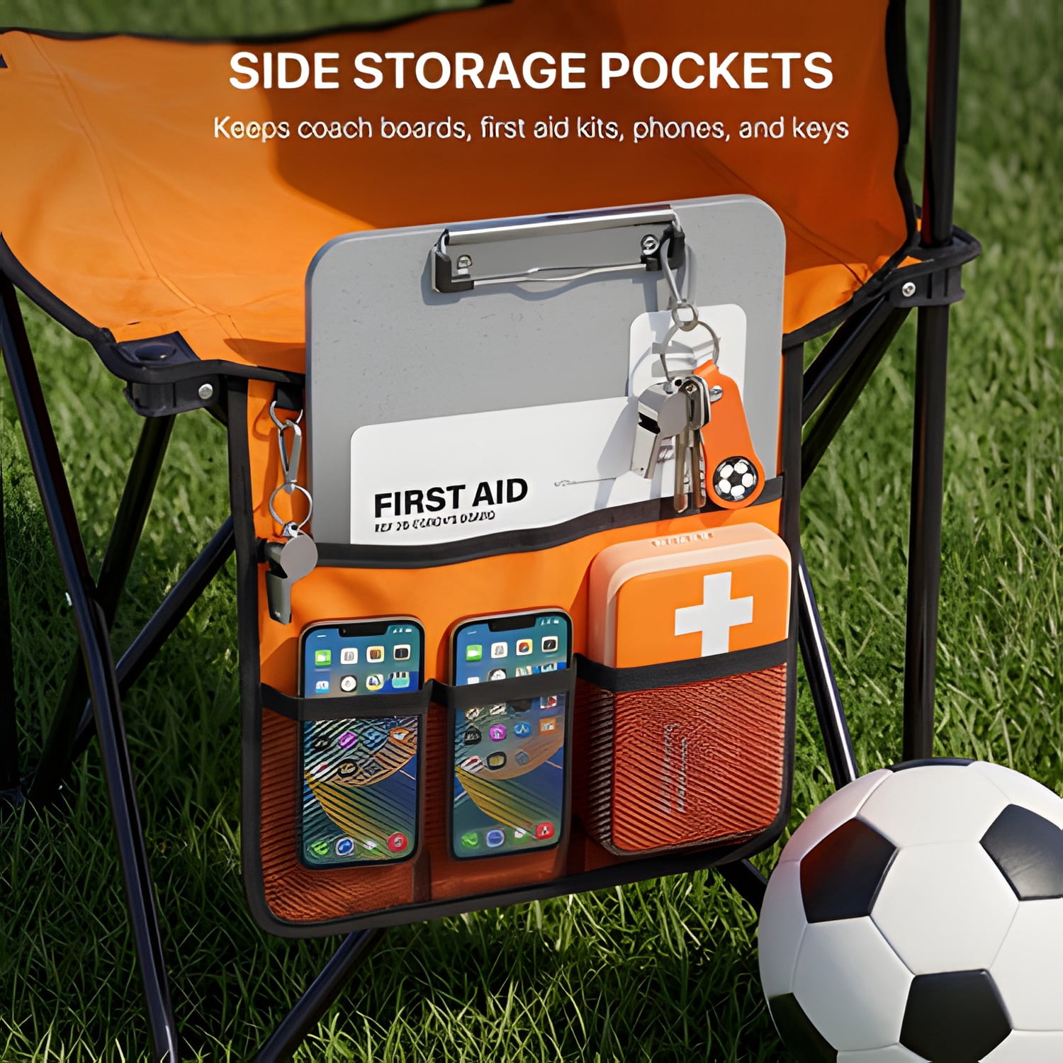 Portable Folding Bench, 6 Seat Foldable Soccer Bench with Side Pockets and Carrying Bag, Lightweight Sideline Seating with Back Rest for Football, Baseball, Camping, Outdoor Events, Orange