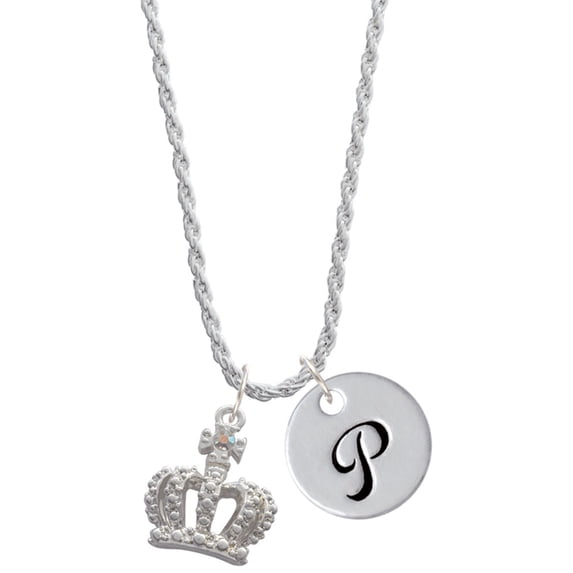 Delight Jewelry Silvertone Crown with AB Crystal Silvertone Script Initial Disc - P - Charm Necklace, 20"+3"