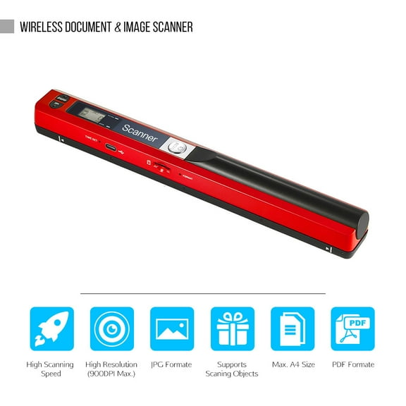 Scanner,Scanner A4 Size Portable Handheld Wand Lcd Display With Business Document Books Wand Scanner A4 Lcd Screen Type-c A4 Size 900dpi Screen Type-c With Handheld Wand Scanner Wyan Red