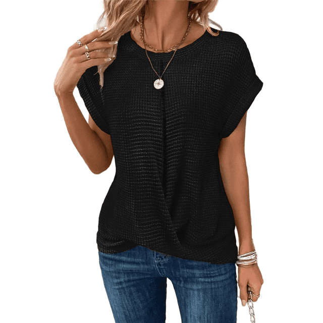 Camisetas para Mujer, con Mangas Murciélago Lisas y Dobladillo Cruzado, Informales, Ajustadas y A , Color Negro, Talla L