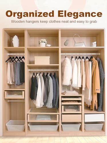 Black Wooden Hangers 20 Pack, Solid Wood Hanger with Non Slip Pant Bar, Heavy Duty Wooden Coat Hanger for Closet, Smooth Finish Wood Clothes Hangers for Shirts, Suits, Jackets, Dress