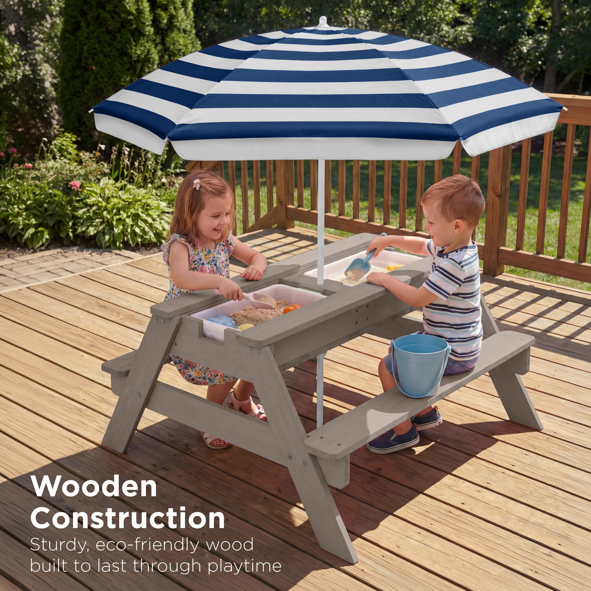 Best Choice Products Kids 3-in-1 Outdoor Sand and Water Activity Picnic Table with Umbrella - Gray/Navy