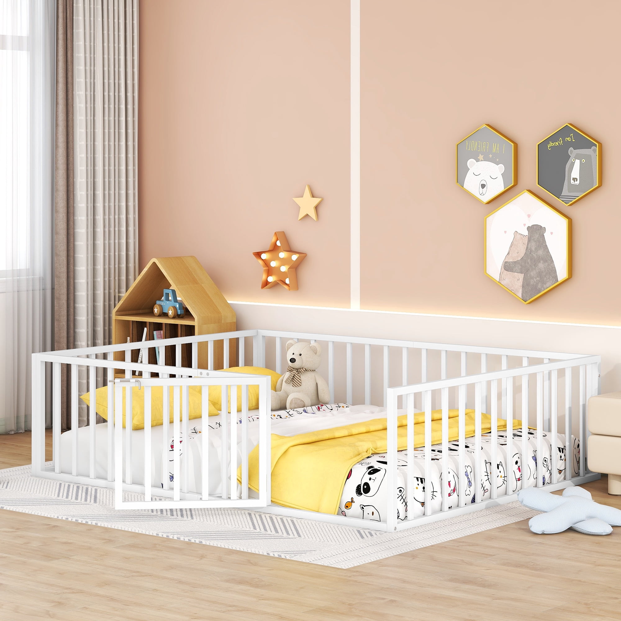 Gewnee Queen Size Toddler Bed, Metal Floor Bed Frame with Fence and Door,White