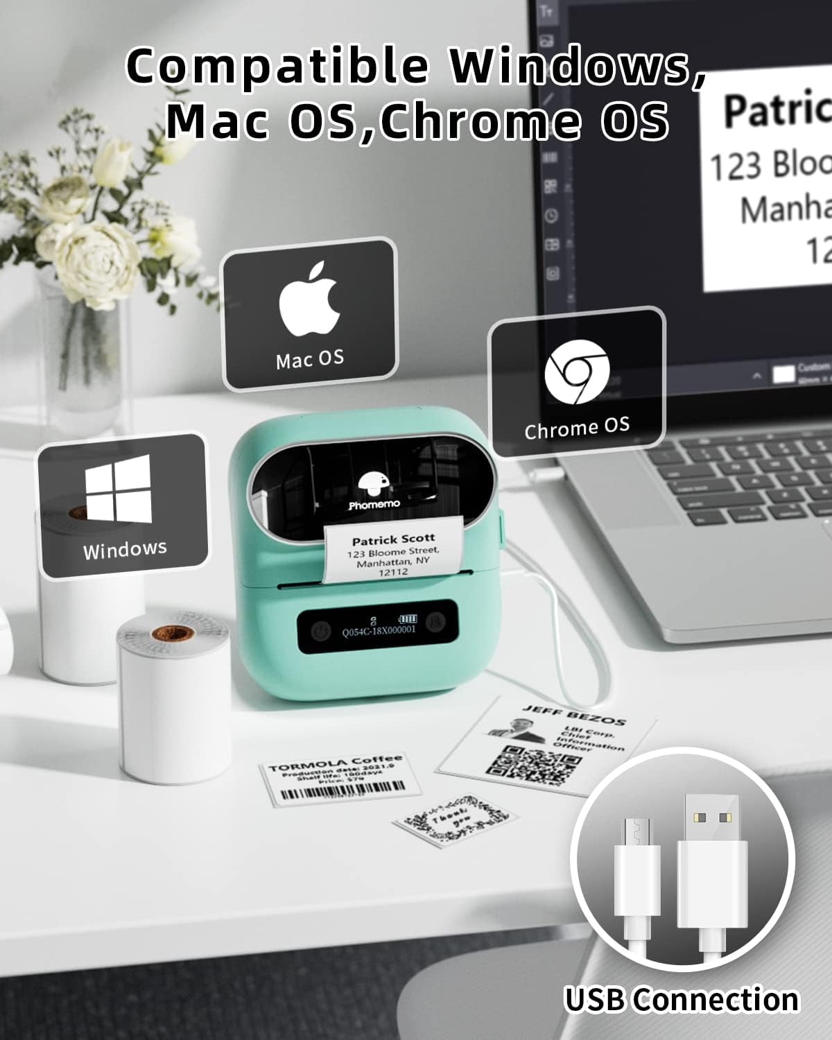 Phomemo M220 3.14 Inch Portable Bluetooth Thermal Label Maker - Support 20-80mm Width Label for Clothing, Mailing, and Address Labels - Compatible with Phone and Laptop (Green)