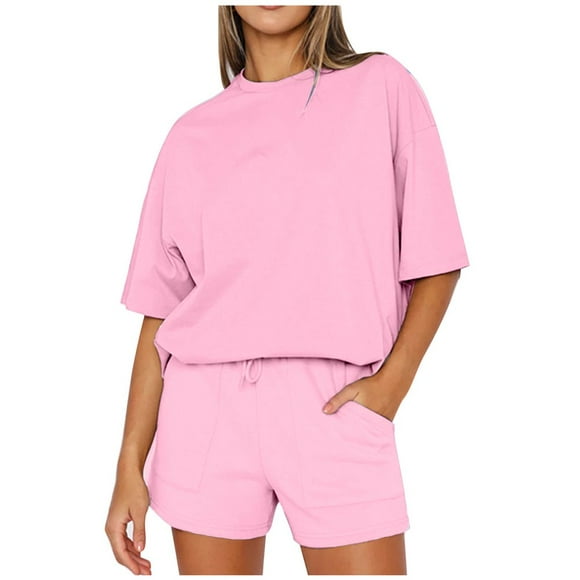 LNGOOR Women‘s Casual 2 Piece Outfits Crewneck Short Sleeve Tops and Drawstring Shorts Sport Sets Tracksuits with Pockets