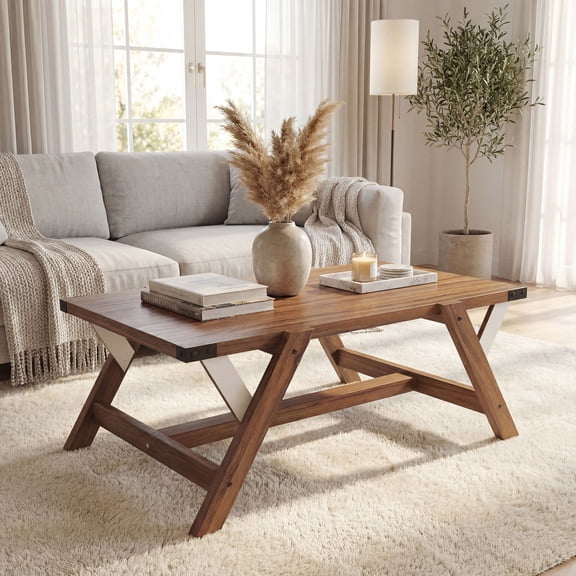 Giantex Rectangle Wooden Coffee Table, Modern Rustic Cocktail Table w/Large Tabletop