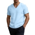 thumbnail image 3 of VBVC Men's V Neck Cotton Linen Short Sleeve T-Shirt , Summer Lightweight Breathable Daily Tops For Men,Light Blue,M-3XL, 3 of 9