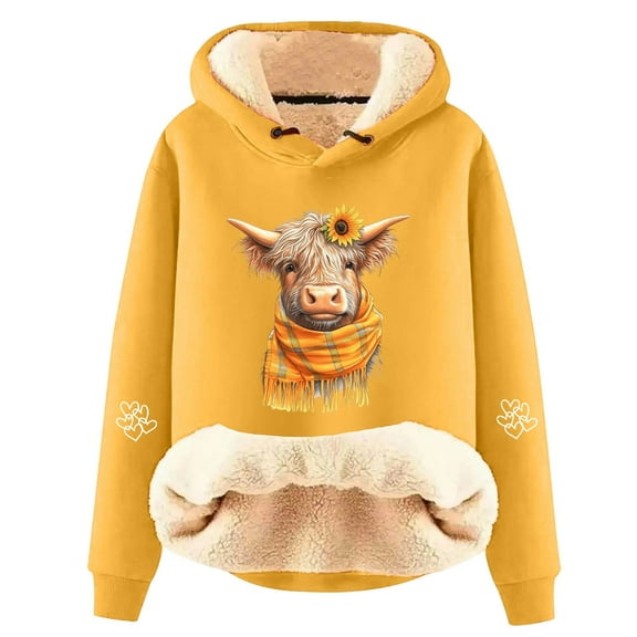 Telankuip Womens Sherpa Fleece Lined Christmas Hoodies Cute Girly Style Highland Cow Graphic Long Sleeve Hooded Sweatshirts Loose Soft Winter Warm Comfort Holiday Pullover Tops Yellow XL