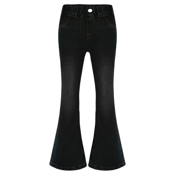 Jizyo Kids Girls Bell Bottom Jeans Elastic Waist Vintage Denim Flared Pants Wide Leg Denim Trousers with Pockets Black 5-6