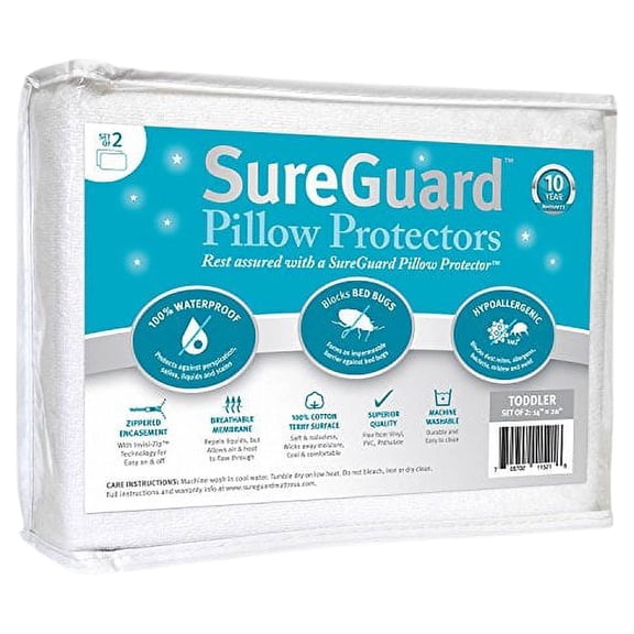 Set of 2 Travel Size SureGuard Pillow Protectors - 100% Waterproof, Bed Bug Proof, Hypoallergenic - Premium Zippered Cotton Terry Covers