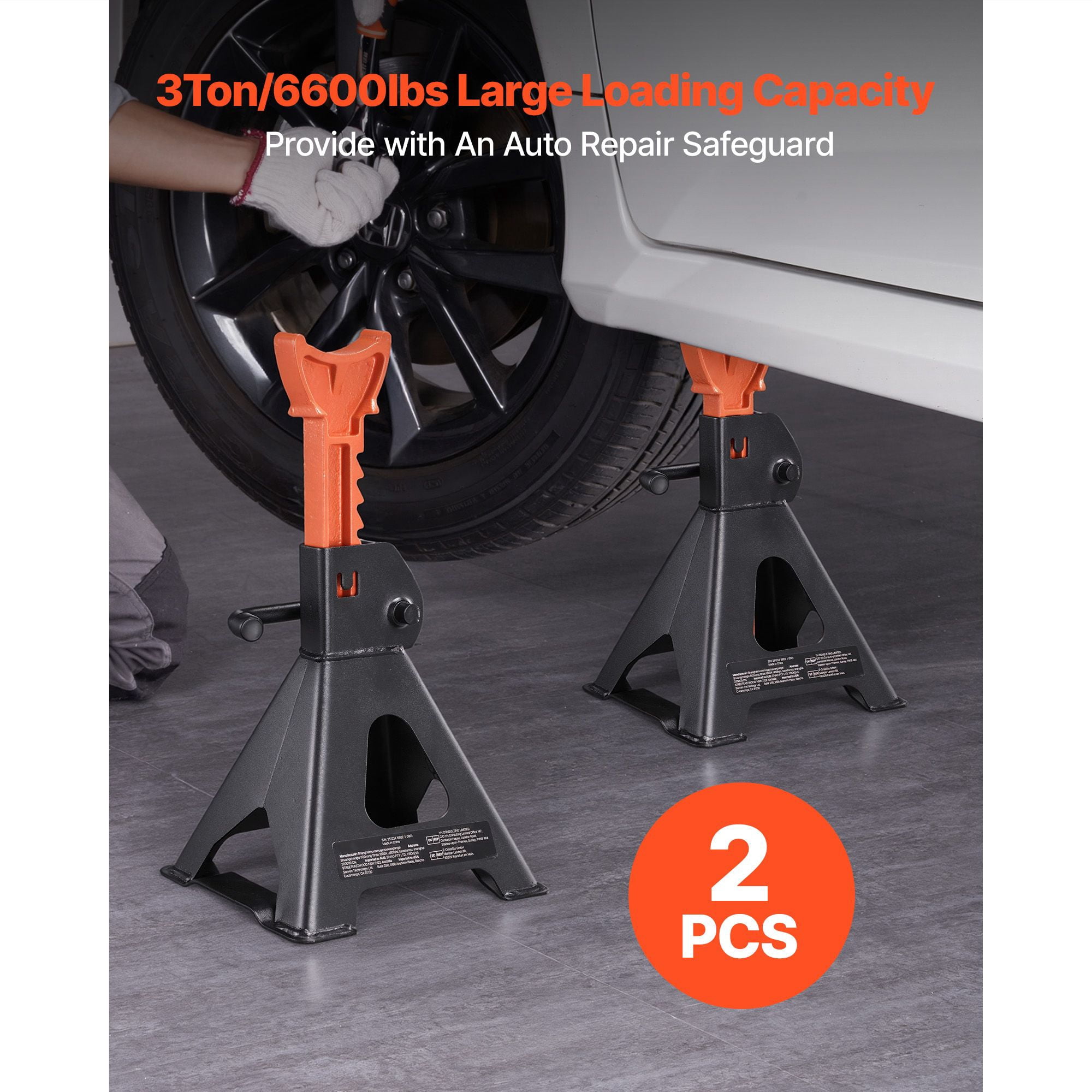 Jack Stands, 3 Ton (6,600 lbs) Capacity, 10.8-16.3 in Adjustable Height, Heavy Duty Steel Jack Auto Stands with Locking, for Lifting SUV, Pickup, Car and UTV/ATV, 1 Pair, Black and Orange