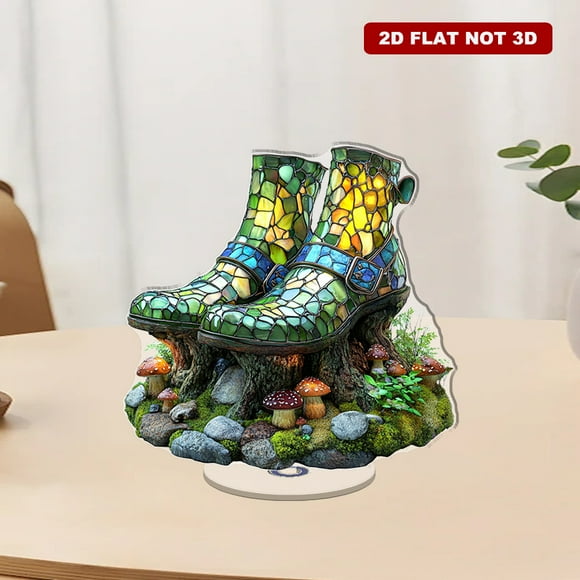 Rotating acrylic display featuring vibrant stained glass shoes on an oak trunk with moss and mushrooms in a luminous glass texture