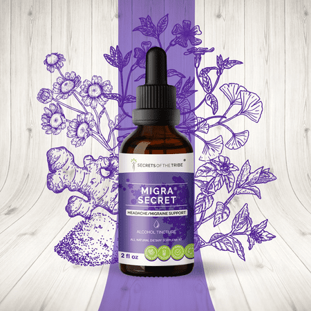 Migra Secret Alcohol Extract, Tincture, Feverfew, Ginger, White willow bark, Periwinkle, Ginkgo, Peppermint. Headache / Migraine Support 2 oz