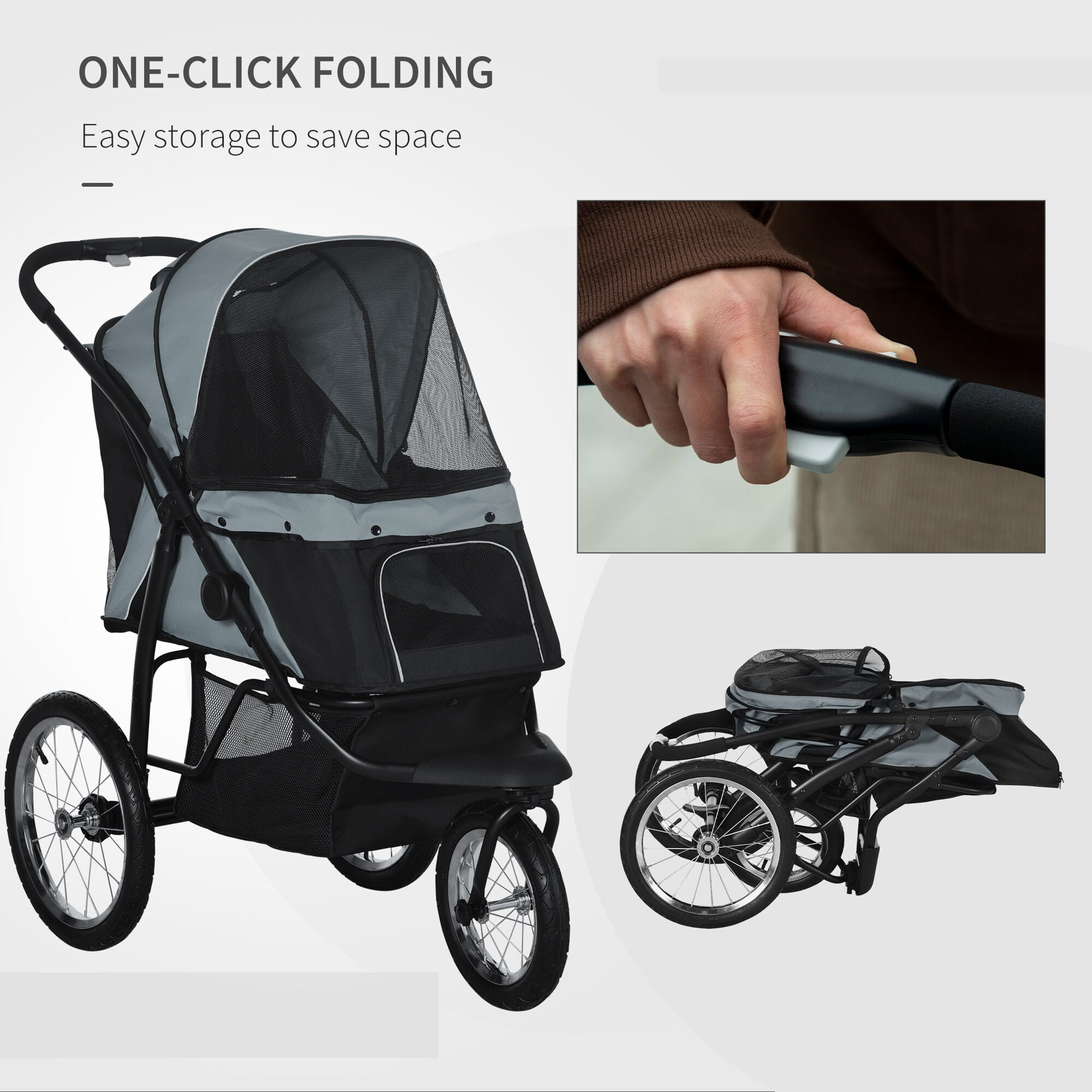 Dog Bed PawHut Pet Stroller for Small and Medium Dogs, 3 Big Wheels Foldable Cat Stroller with Adjustable Canopy, Safety Tether, Storage Basket, Gray,Large Dog Bed
