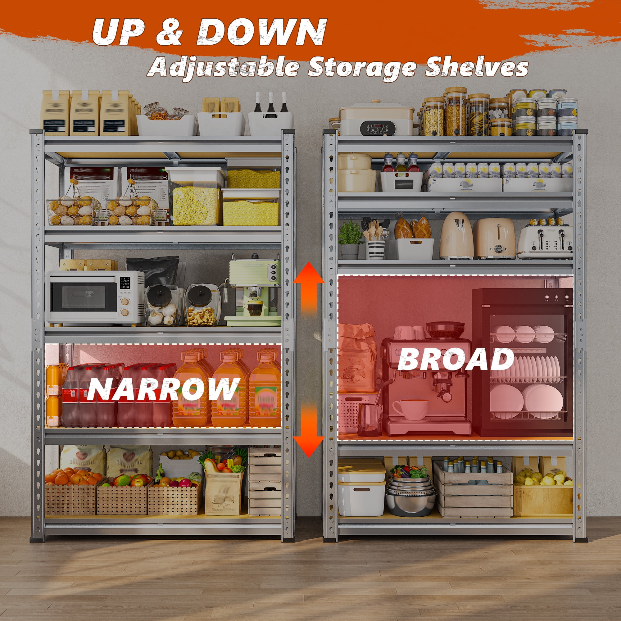 REIBII 2020LBS Storage Shelves 5 Tier Garage Shelving Heavy Duty Adjustable Shelf Units for Warehouse Pantry Closet,35.5"Lx11.9"Wx 72"H,Galvanized